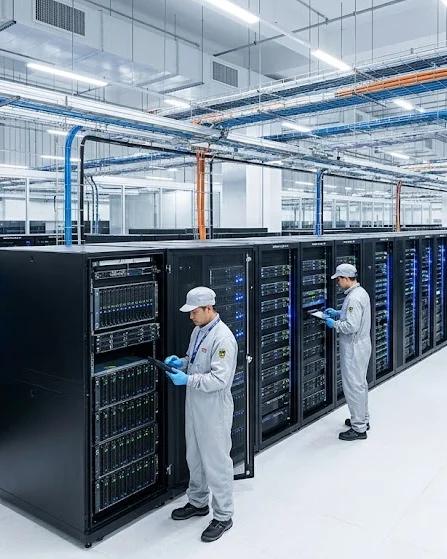 Technicians working in a data center