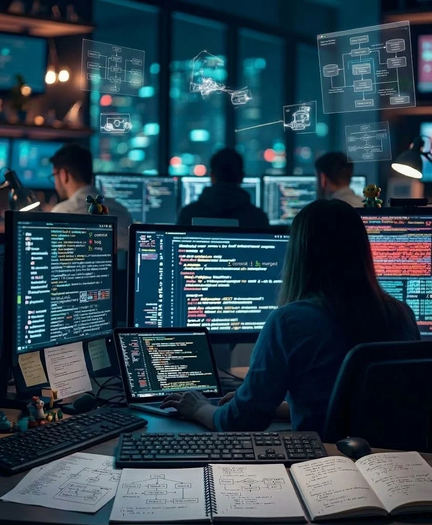 Software developers working on code